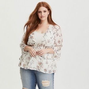 White Floral Smocked Georgette Blouse